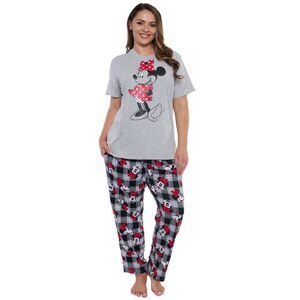 New Women's Plus Minnie Mouse Gray T-Shirt & Pants 2-Piece Pajama Set Sleepwear